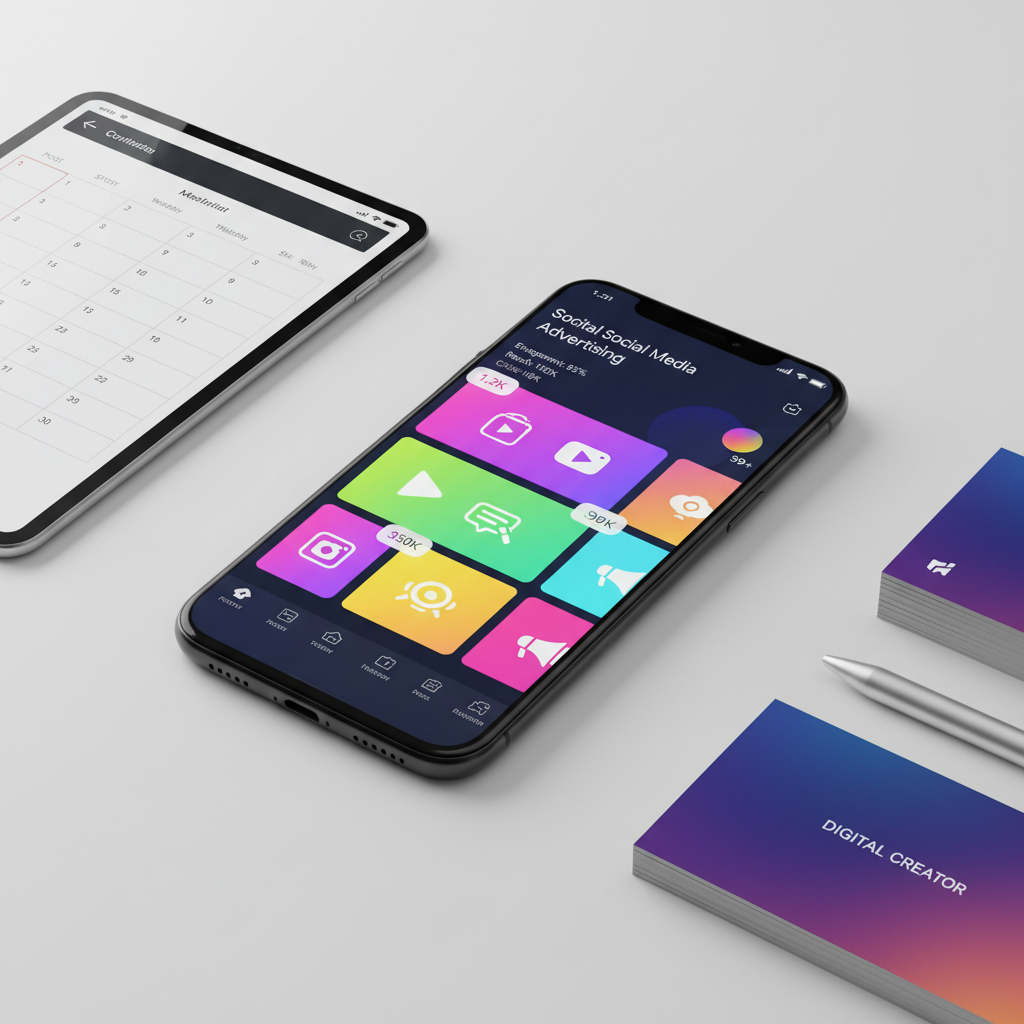 A high-gloss black smartphone lying on a clean white tabletop shows a social media ad campaign in progress, with multiple brightly colored content tiles, metrics, and notification badges popping against a deep gradient interface. Around the phone are neatly arranged marketing tools: a tablet displaying a content calendar, a stack of gradient business cards, and a metallic pen. Soft studio lighting from above creates subtle reflections and precise shadows, emphasizing the sleek materials. The composition uses a slightly elevated angle with rule-of-thirds placement of the phone, maintaining sharp focus across the frame. The photographic, modern style and bold color palette evoke a sense of organized creativity and the fast-paced world of mobile-first digital marketing for beginners.