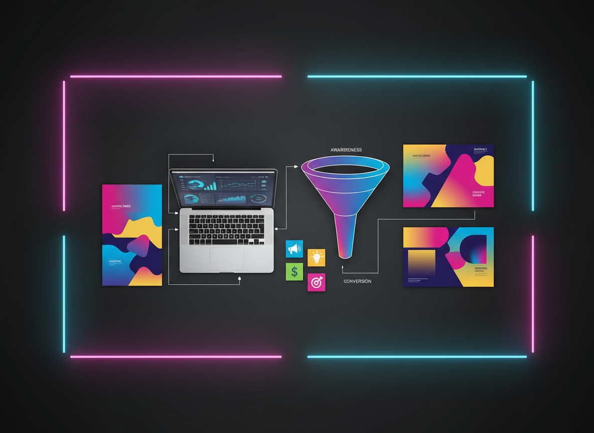 A large, flat-lay workspace shot of a dark gradient tabletop covered with neatly arranged marketing strategy elements: printed mood boards with bold gradients, a laptop open to an analytics dashboard, color-coded sticky notes with simple icons, and an oversized funnel diagram illustrating awareness to conversion. Thin LED light strips frame the edges of the table, casting vibrant magenta and cyan glows that blend into the surface. Overhead softbox lighting ensures even, photographic illumination with gentle shadows that enhance texture without clutter. The composition is meticulously organized with asymmetrical balance, sharp focus throughout, and a bold, energetic atmosphere that visually explains how a modern marketing agency plans campaigns while keeping concepts approachable for beginners.