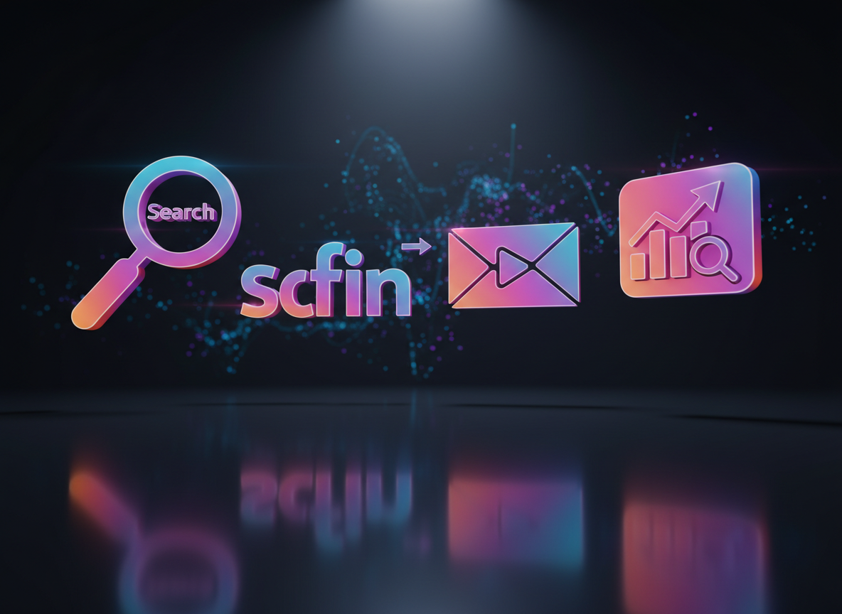 A set of oversized, glossy 3D icons representing key digital marketing channels—search, social, email, video, and analytics—float above a reflective black surface. Each icon features bold, saturated gradients in magenta, cyan, violet, and orange, with subtle light flares along the edges. The environment is a dark, abstract studio space, with a soft spotlight from above casting crisp reflections and long, dramatic shadows on the surface below. Wisps of digital-looking particles drift through the background, slightly blurred to create depth. Captured in photographic realism from a low-angle perspective, the composition emphasizes the towering icons, symbolizing the core pillars of digital advertising over the next five years in a dynamic, futuristic, and accessible way for newcomers.